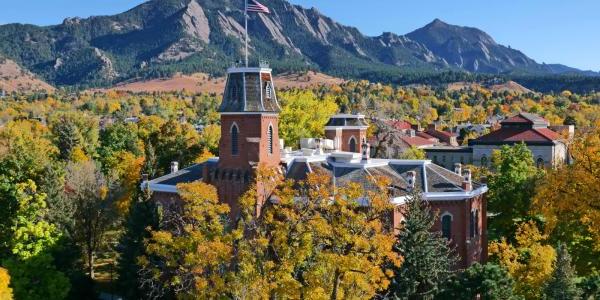 Aerial shot of CU Boulder during autumn